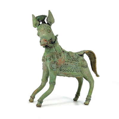 Handmade Brass Dhorka Art Charging Horse Statue (Verdigris Green, 8.5 inch)