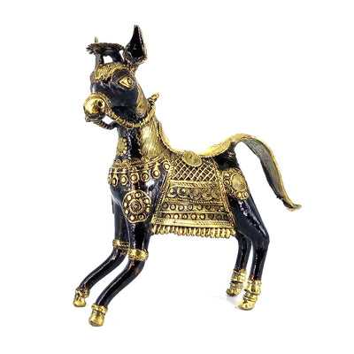 Handmade Brass Charging Horse with Ornamented Details (Black, 8.5 inch)