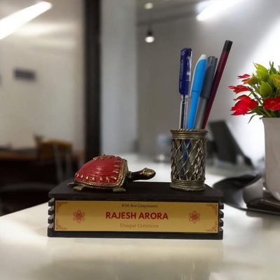 Handmade Dhokra Art Pen Holder with Brass Tortoise – Personalized Desk Organizer