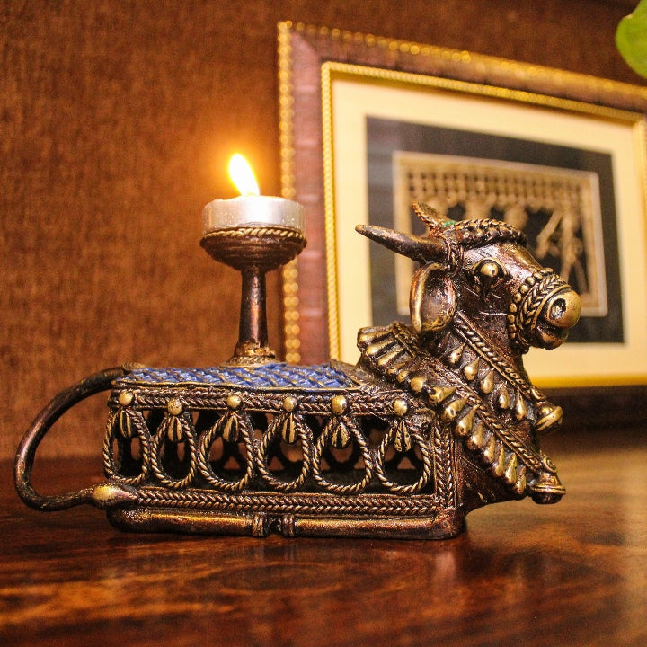 Brass Nandi Tea Light Holder of Bell Metal Art (Multicolor, 6.5 x 4.5 inch)